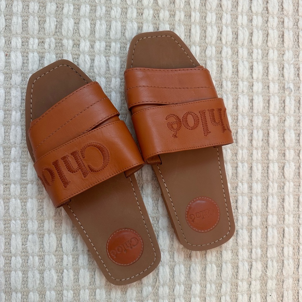 Chloé Woody Cognac Brown Leather Slide Sandals
